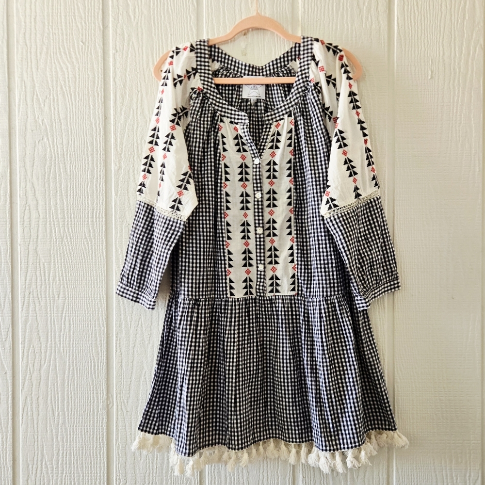Area Stars Western Embroidered Cold Shoulder Pom Pom Mini Black Gingham Large